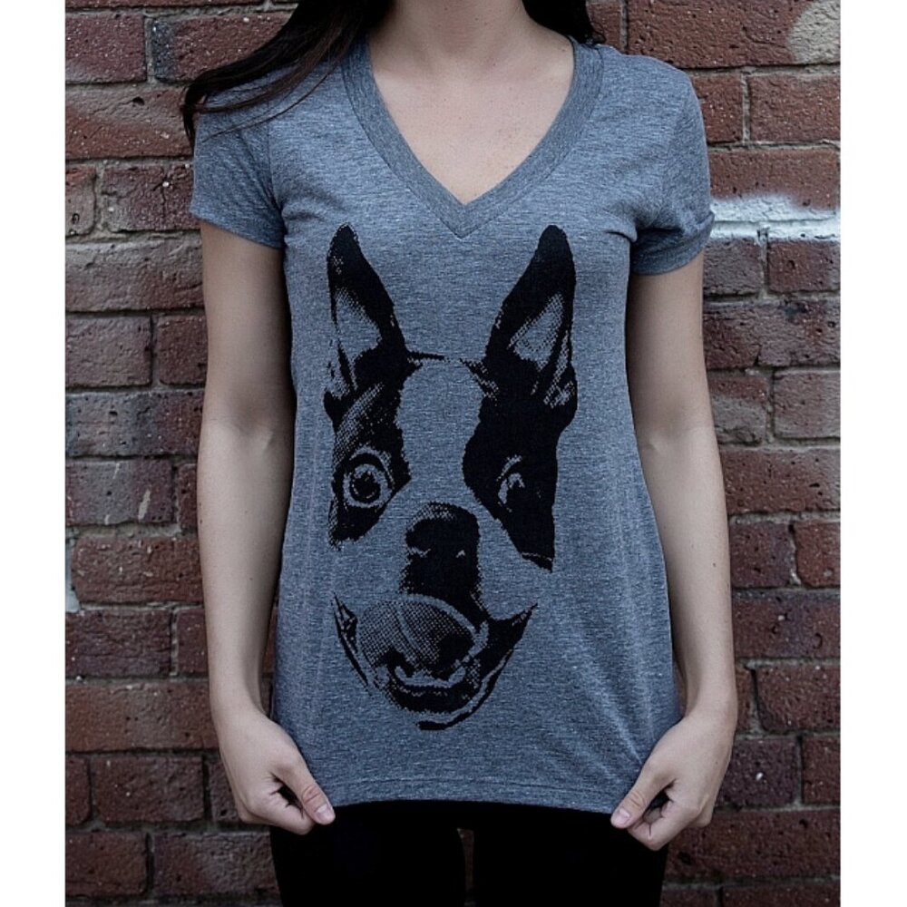 CUSTOM Boston Terrier V-Neck Grey Distressed Dog Pup Short Sleeve Edgy Tee OOAK